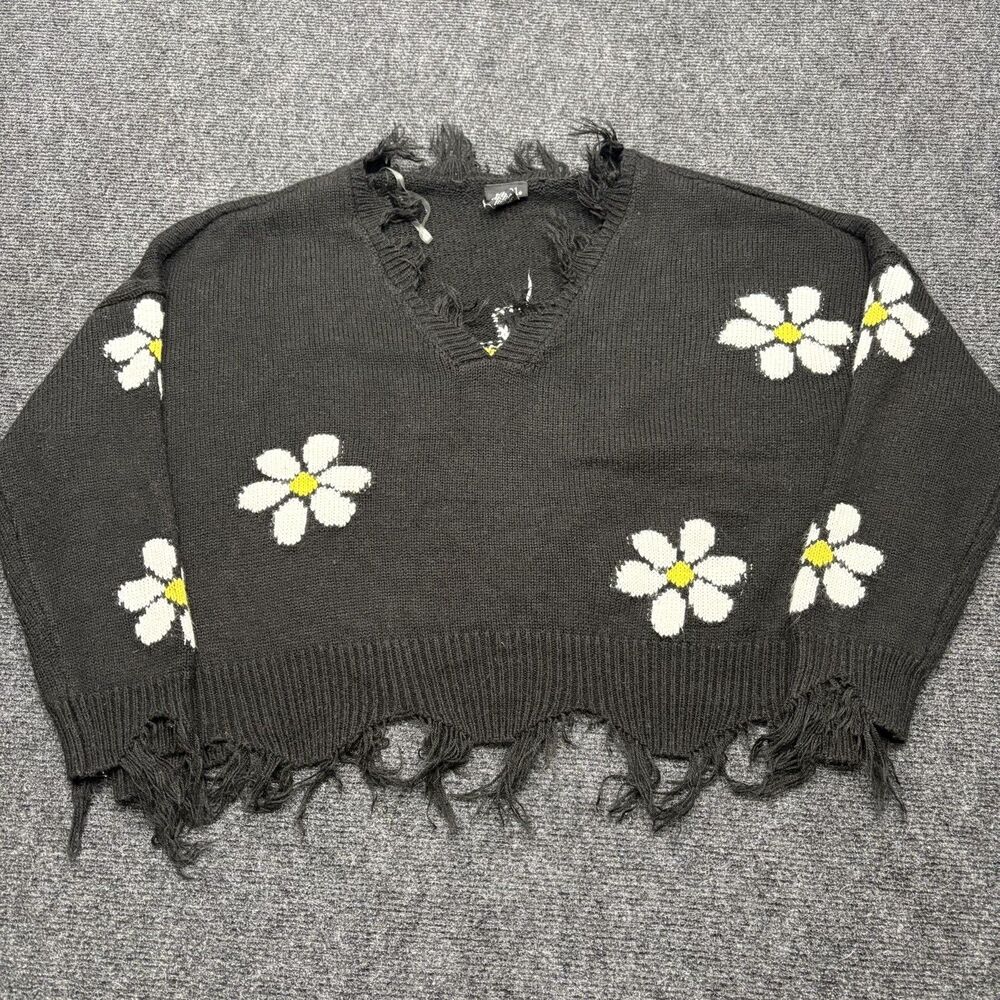Rue 21 Black Daisy Cropped Distressed V-Neck Sweater Size Large Grunge Y2K